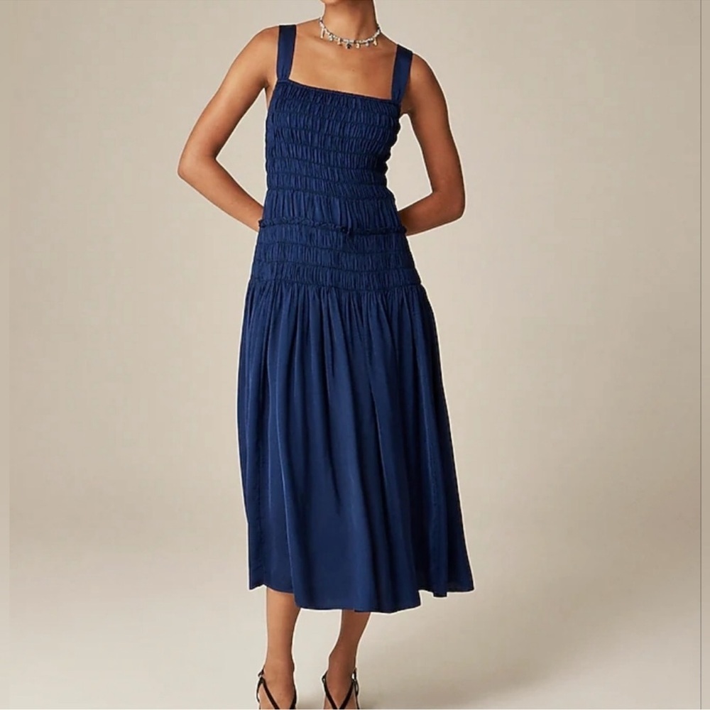 NEW J. Crew Smocked Midi Dress Blue Medium Flowy Adjustable Straps Fit & Flare